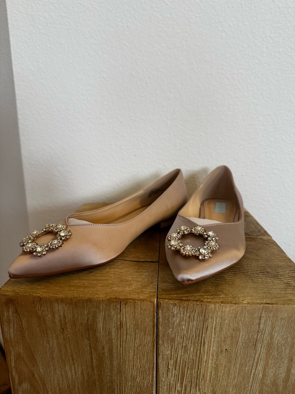 Betsey Johnson Nude Satin Pointed Flats with Crystal Buckle - Picture 6 of 6